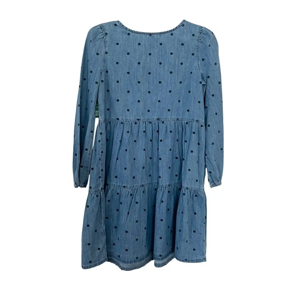 Gap Girls Blue Polka Dot Tiered Long Sleeve Denim Dress Size XL/12 NWT